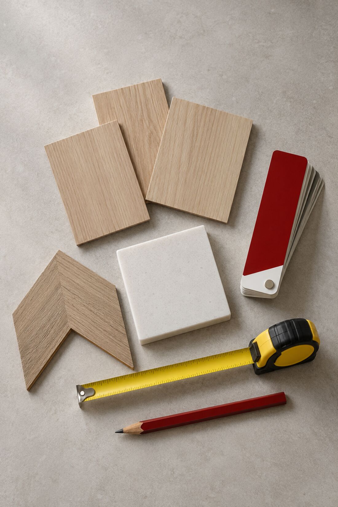 Oak laminate, vinyl, solid-surface and paint samples on a worktop